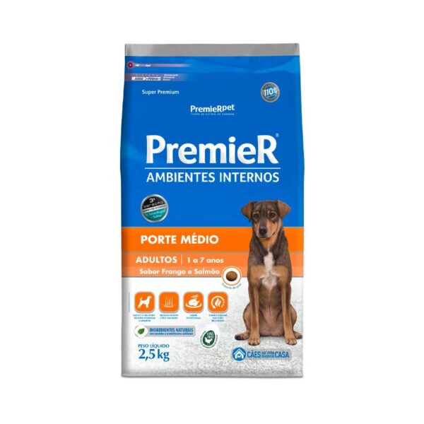 Ração Seca PremieR Pet Ambientes Internos Para Cães Adultos de Médio Porte Sabor Frango e Salmão 2,5Kg