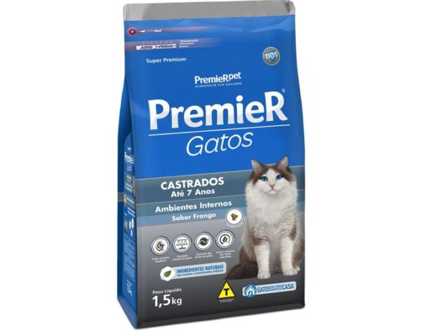 Ração Seca PremieR Ambientes Internos Para Gatos Adultos Castrados até 7 Anos Sabor Frango 1,5Kg