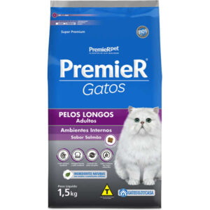 Ração Seca PremieR Ambientes Internos Pelos Longos Para Gatos Adultos Sabor Salmão 1,5Kg