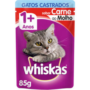 Ração Úmida Whiskas Sachê Sabor Carne ao Molho Para Gatos Adultos Castrados – 85g